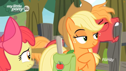 Size: 1259x708 | Tagged: safe, imported from derpibooru, screencap, apple bloom, applejack, big macintosh, earth pony, pony, going to seed, all new, apple siblings, apple tree, discovery family logo, female, fence, filly, foal, lidded eyes, male, mare, open mouth, saddle bag, sleepy, stallion, sweet apple acres, text, tree, yawn