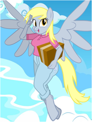 Size: 600x800 | Tagged: safe, artist:flash equestria photography, imported from derpibooru, derpy hooves, anthro, pegasus, unguligrade anthro, box, cutie mark on clothes, delivery pony, female, flying, mare, salute, show accurate anthro, sky, solo, vector