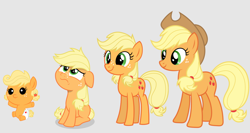 Size: 1294x687 | Tagged: safe, imported from derpibooru, applejack, baby applejack, earth pony, pony, adult, age progression, applejack's hat, baby, baby pony, babyjack, cowboy hat, diaper, female, filly, filly applejack, floppy ears, foal, hat, preteen, preteenage applejack, smiling, teenage applejack, teenager, younger