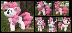 Size: 3795x1754 | Tagged: safe, artist:peruserofpieces, imported from derpibooru, pinkie pie, earth pony, pony, female, front view, happy, irl, mare, photo, plushie, profile, smiling, solo, toy