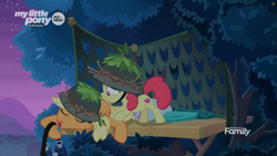 Size: 1259x708 | Tagged: safe, imported from derpibooru, screencap, apple bloom, applejack, earth pony, pony, going to seed, all new, binoculars, camouflage, discovery family logo, drool, hat, sleeping, text, tree, wake up