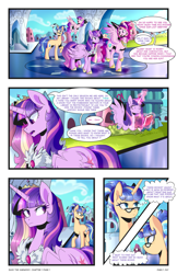 Size: 2301x3549 | Tagged: safe, artist:darlyjay, imported from derpibooru, princess cadance, twilight sparkle, oc, oc:atlas, oc:starfall sparkle, oc:sterling sentry, alicorn, pegasus, pony, unicorn, comic:save the harmony, book, comic, crystal empire, female, filly, glasses, magic, mare, offspring, parent:flash sentry, parent:twilight sparkle, parents:flashlight, sisters-in-law, twilight sparkle (alicorn)