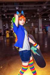 Size: 3648x5472 | Tagged: safe, artist:rikadiane, imported from derpibooru, rainbow dash, human, clothes, cosplay, costume, irl, irl human, photo, rainbow socks, skateboard, socks, solo, striped socks