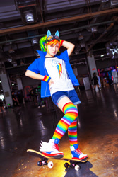 Size: 3648x5472 | Tagged: safe, artist:rikadiane, imported from derpibooru, rainbow dash, human, clothes, cosplay, costume, irl, irl human, photo, rainbow socks, skateboard, socks, solo, striped socks