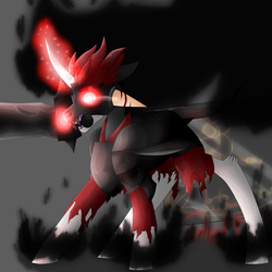 Size: 5800x5800 | Tagged: safe, artist:florarena-kitasatina/dragonborne fox, imported from derpibooru, pony, umbrum, absurd resolution, anarchy (weapon), armor, cel shading, clothes, crossover, glowing eyes, glowing eyes of doom, leonine tail, lotsa shadows, mask, matt (epic battle fantasy), mouth hold, pentagram, ponified, red eyes take warning, shading, shadows, signature, simple background, solo, sword, torn clothes, uniform, unshorn fetlocks, watermark, weapon, what a lovely pony to meet in the middle of the night