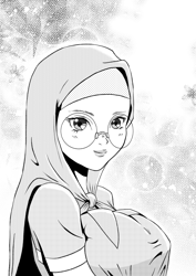 Size: 842x1191 | Tagged: safe, artist:tehwatever, imported from derpibooru, desert flower, human, arm boob squeeze, big breasts, breasts, bust, busty desert flower, clip studio paint, digital art, female, glasses, grayscale, hijab, humanized, looking at you, manga style, monochrome, smiling, solo, somnambula resident