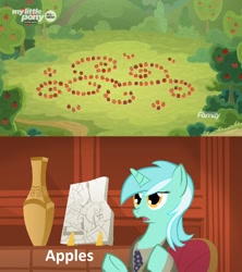 Size: 904x1018 | Tagged: safe, edit, edited screencap, editor:fluttershyisnot adoormat, imported from derpibooru, screencap, lyra heartstrings, going to seed, ancient aliens, apple, arabesque pattern, crop circle, discovery family logo, food, giorgio a. tsoukalos, meme