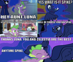 Size: 641x543 | Tagged: safe, edit, edited screencap, editor:undeadponysoldier, imported from derpibooru, screencap, princess luna, spike, alicorn, comic:sleepover with the royal sisters, luna eclipsed, sweet and elite, adorable face, bed, bedroom, blushing, canterlot, caption, comic, cute, daaaaaaaaaaaw, eyes closed, female, hair pulling, hug, image macro, male, mare, nervous, nightmare night, screencap comic, shipping, sleepover, spikelove, spiluna, spread wings, straight, text, wings, wrong aspect ratio