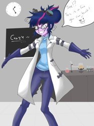 Size: 1936x2592 | Tagged: safe, artist:sketch-bro, imported from derpibooru, sci-twi, twilight sparkle, equestria girls, chalkboard, clock, clothes, dialogue, female, glasses, gloves, goggles, grin, happy, insanity, lab coat, laboratory, looking at you, mad scientist, messy mane, pants, seems legit, shrunken pupils, smiling, smirk, solo, speech bubble, twilight snapple, vial, wide eyes