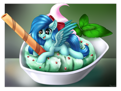 Size: 1600x1200 | Tagged: safe, artist:kruszyna25, artist:kruszynka25, imported from derpibooru, oc, oc only, oc:ice mint, pegasus, pony, cute, female, food, happy, herbivore, ice cream, mint, small, solo, sweet, wings