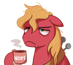 Size: 2500x2249 | Tagged: safe, artist:maren, imported from derpibooru, big macintosh, earth pony, pony, bags under eyes, bust, coffee mug, cup, floppy ears, hoof hold, male, mug, nope, portrait, simple background, solo, stallion, tired, white background