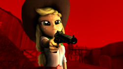 Size: 1920x1080 | Tagged: safe, artist:facelesssoles, imported from derpibooru, applejack, equestria girls, 3d, clothes, cowboy hat, crossover, female, freckles, gun, hat, red dead redemption, solo, source filmmaker, stetson, video game crossover, weapon