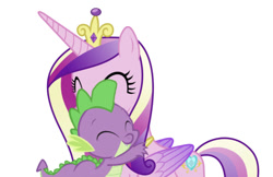 Size: 633x411 | Tagged: safe, edit, editor:undeadponysoldier, imported from derpibooru, princess cadance, spike, alicorn, dragon, pony, baby, baby dragon, crown, eyes closed, female, hug, infidelity, jewelry, male, mare, regalia, shipping, simple background, spikedance, straight, white background