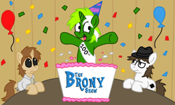 Size: 2477x1488 | Tagged: safe, artist:sketchymouse, imported from derpibooru, oc, oc:blankedmind, oc:circuit mane, oc:d-pad, 100 episodes, cake, celebration, food, the brony show