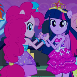 Size: 570x570 | Tagged: safe, imported from derpibooru, screencap, fluttershy, pinkie pie, rainbow dash, twilight sparkle, equestria girls, equestria girls (movie), bare shoulders, big crown thingy, clothes, cropped, dress, duo focus, fall formal outfits, female, holding hands, jewelry, ponied up, regalia, sleeveless, strapless, tiara, twilight ball dress, twilight sparkle (alicorn)