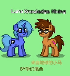 Size: 840x914 | Tagged: safe, imported from derpibooru, princess luna, oc, oc:knowledge mixing, pony, pony town, chinese, novel, novel cover, pixel art