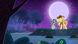 Size: 2063x1161 | Tagged: safe, imported from derpibooru, braeburn, marble pie, braeble, crack shipping, creek, evening, female, forest, jon pardi, lyrics, lyrics in the description, male, moon, moonlight, night, outdoors, river, romance, scenery, serenade, shipping, singing, smiling, song reference, starry night, stars, straight, stream, text, tree, up all night, youtube link