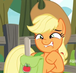 Size: 1121x1080 | Tagged: safe, imported from derpibooru, screencap, applejack, earth pony, pony, going to seed, cropped, cute, faic, female, jackabetes, lip bite, mare, raised hoof, saddle bag, solo