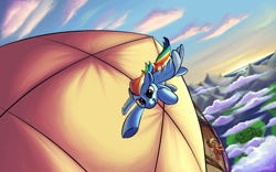 Size: 2800x1750 | Tagged: safe, artist:silverhopexiii, imported from derpibooru, applejack, rainbow dash, earth pony, pegasus, pony, airship, badass, cowboy hat, flying, hat, land, mountain, ocean, scenery, solo focus, stetson, tree, underhoof