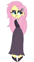 Size: 711x1280 | Tagged: safe, artist:thatdamnchristian, imported from derpibooru, fluttershy, equestria girls, fake it 'til you make it, clothes, dress, ear piercing, eyeshadow, female, fluttergoth, goth, hair accessory, lidded eyes, makeup, piercing, simple background, skull, solo, white background