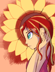 Size: 2550x3300 | Tagged: dead source, safe, artist:pettypop, imported from derpibooru, sunset shimmer, equestria girls, clothes, colored pupils, cute, female, flower, profile, shimmerbetes, solo, sunflower, tanktop