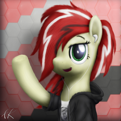 Size: 3000x3000 | Tagged: safe, artist:facelesssoles, imported from derpibooru, oc, oc only, oc:dawn, pony, clothes, earbuds, female, hair over one eye, jacket, mare, solo