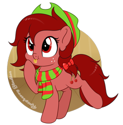 Size: 1809x1843 | Tagged: safe, artist:raspberrystudios, imported from derpibooru, oc, oc only, oc:cherry, earth pony, pony, :p, bow, clothes, cute, female, freckles, hair bow, hat, mare, ocbetes, scarf, solo, tongue out