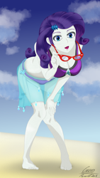 Size: 1440x2560 | Tagged: safe, artist:cristojo96, artist:runedark, imported from derpibooru, rarity, equestria girls, equestria girls series, barefoot, beach, beach babe, bent over, bikini, bikini babe, breasts, busty rarity, cleavage, clothes, downblouse, feet, female, glasses, glasses rarity, rarity's glasses, sarong, solo, swimsuit