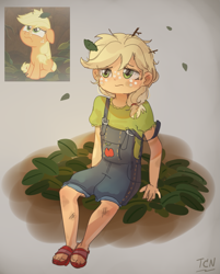 Size: 1289x1600 | Tagged: safe, artist:tcn1205, imported from derpibooru, screencap, applejack, earth pony, human, pony, equestria girls, going to seed, season 9, clothes, cute, daaaaaaaaaaaw, equestria girls interpretation, female, filly, foal, freckles, humanized, jackabetes, overalls, pony coloring, sandals, scene interpretation, screencap reference, that was fast, younger