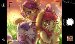 Size: 2023x1200 | Tagged: safe, artist:roya, imported from derpibooru, apple bloom, scootaloo, sweetie belle, earth pony, pegasus, pony, unicorn, bow, cutie mark crusaders, eyes closed, female, filly, hair bow, one eye closed, phone screen, wink