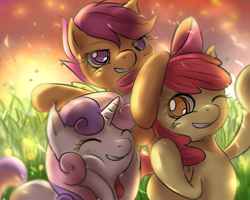 Size: 1500x1200 | Tagged: safe, artist:roya, imported from derpibooru, apple bloom, scootaloo, sweetie belle, earth pony, pegasus, pony, unicorn, adorabloom, bow, colored pupils, cute, cutealoo, cutie mark crusaders, diasweetes, eyes closed, female, filly, hair bow, one eye closed, pixiv, smiling, trio, wink