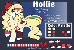 Size: 1280x877 | Tagged: safe, artist:cadetredshirt, imported from derpibooru, oc, oc only, oc:hollie, earth pony, pony, booties, bow, christmas, clothes, color palette, female, fluffy, gradient background, hair bow, hair streaks, holiday, holly, long mane, long tail, looking at camera, looking at you, mare, one eye closed, prancing, reference sheet, scarf, simple background, smiling, socks, solo, walking, wavy hair, wavy mane, wink