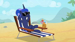 Size: 1910x1076 | Tagged: safe, imported from derpibooru, screencap, princess luna, pony, between dark and dawn, beach, day, luna sunbathing, missing accessory, sunbathing, we don't normally wear clothes