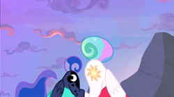 Size: 1921x1078 | Tagged: safe, deleted from derpibooru, imported from derpibooru, screencap, princess celestia, princess luna, pony, between dark and dawn, ass up, butt, evening, plot