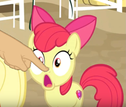 Size: 687x585 | Tagged: safe, edit, edited screencap, imported from derpibooru, screencap, apple bloom, earth pony, pony, going to seed, boop, boop edit, cropped, female, filly, finger, foal, hand, solo focus