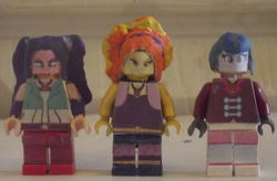 Size: 1500x986 | Tagged: safe, artist:grapefruitface1, imported from derpibooru, adagio dazzle, aria blaze, sonata dusk, equestria girls, arts and crafts, custom, customized toy, disguise, disguised siren, irl, lego, minifig, minifigs, photo, the dazzlings, toy