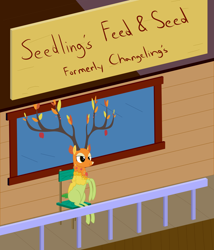 Size: 2400x2800 | Tagged: safe, artist:mightyshockwave, imported from derpibooru, the great seedling, dryad, elk, going to seed, branches for antlers, chair, female, meme, sitting, sneed's feed and seed, solo, the simpsons