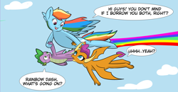 Size: 3693x1921 | Tagged: safe, artist:chedx, imported from derpibooru, rainbow dash, smolder, spike, dragon, pegasus, pony, comic:claws and hooves, confused, cropped, dragoness, female, flying, hoof hold, rainbow, winged spike, wings
