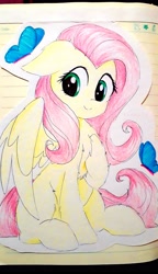 Size: 1836x3177 | Tagged: safe, artist:liaaqila, imported from derpibooru, fluttershy, butterfly, pegasus, pony, chest fluff, cute, female, floppy ears, hoof on chest, looking at you, mare, missing cutie mark, shyabetes, sitting, smiling, solo, spread wings, three quarter view, traditional art, wings