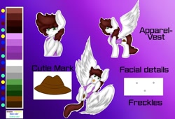 Size: 1024x696 | Tagged: safe, artist:winternightstudios, imported from derpibooru, oc, oc only, oc:graph travel, pegasus, pony, chest fluff, clothes, cutie mark, female, freckles, mare, reference sheet, silly, solo, text, vest, wing fluff