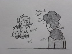 Size: 2576x1932 | Tagged: safe, artist:drheartdoodles, imported from derpibooru, oc, oc:anon, oc:dr.heart, clydesdale, human, pegasus, pony, :3, chibi, clothes, dialogue, grass, jacket, knife, pencil drawing, traditional art