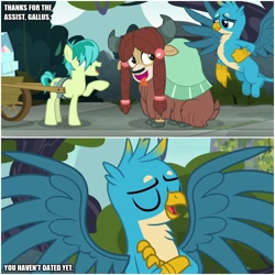 Size: 1000x1000 | Tagged: safe, edit, edited screencap, imported from derpibooru, screencap, gallus, sandbar, yona, griffon, pony, yak, school daze, caption, castle of the royal pony sisters, comic, image macro, screencap comic, text