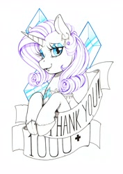 Size: 2900x4096 | Tagged: safe, artist:longinius, imported from derpibooru, rarity, pony, unicorn, banner, blue eyes, blue eyeshadow, cutie mark necklace, ear piercing, earring, exclamation point, eyelashes, eyeshadow, female, jewelry, makeup, mare, piercing, purple mane, solo, text, thank you, unshorn fetlocks