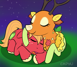 Size: 1000x867 | Tagged: safe, artist:empyu, imported from derpibooru, big macintosh, the great seedling, deer, earth pony, elk, pony, going to seed, cuddling, cute, duo, eyes closed, male, night, sleeping, stallion, stars