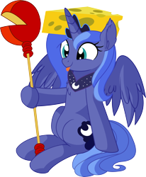 Size: 5974x7265 | Tagged: safe, artist:cyanlightning, imported from derpibooru, princess luna, alicorn, pony, .svg available, absurd resolution, cheese, cheese hat, cheese scepter, cheesehead, chest fluff, cute, ear fluff, female, food, hat, holding, lunabetes, mare, precious, s1 luna, simple background, sitting, solo, spread wings, tongue out, transparent background, vector, wings