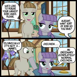 Size: 3260x3260 | Tagged: safe, artist:cheezedoodle96, imported from derpibooru, maud pie, mudbriar, earth pony, pony, student counsel, .svg available, bird cage, blatant lies, comic, dialogue, female, hoof in mouth, hoof over mouth, lamp, male, maudbriar, offscreen character, ponyville, quills and sofas, shipping, shopping, show accurate, smiling, speech bubble, straight, svg, technically, text, vector, when she smiles