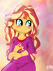 Size: 1800x2400 | Tagged: safe, artist:artmlpk, imported from derpibooru, sunset shimmer, equestria girls, blushing, clothes, cute, cuteness overload, dying of cute, female, looking back, pajamas, peace sign, photo, shimmerbetes, smiling, solo