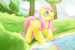 Size: 1500x1000 | Tagged: safe, artist:bel-assa, imported from derpibooru, fluttershy, pegasus, pony, female, looking up, mare, open mouth, raised hoof, solo, tree, water