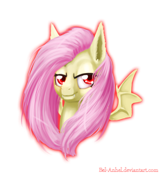 Size: 2900x3123 | Tagged: safe, artist:bel-assa, imported from derpibooru, fluttershy, bat pony, pony, bat ponified, bust, ear fluff, female, flutterbat, lidded eyes, looking at you, mare, race swap, simple background, smiling, smirk, solo, spread wings, transparent background, wings