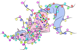 Size: 1024x672 | Tagged: safe, imported from derpibooru, oc, oc:sugarless bubblegum, alicorn, pony, alicorn oc, christmas, christmas lights, face down ass up, holiday, simple background, tangled up, transparent background